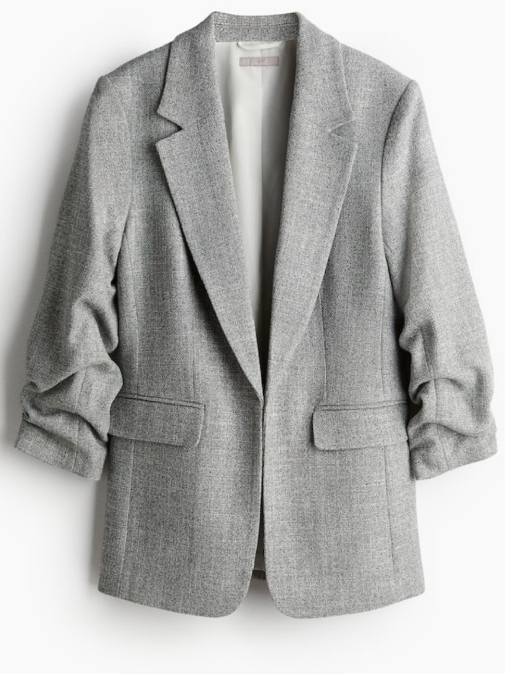 H&M | gathered/scrunch sleeve textured light gray open front blazer